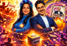 La gravedad y la pólvora Ilustración política sobre disputa electoral y mapa de Colombia