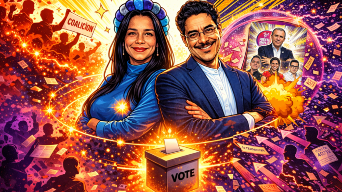 La gravedad y la pólvora – Ilustración Ilustración política sobre disputa electoral y mapa de Colombia